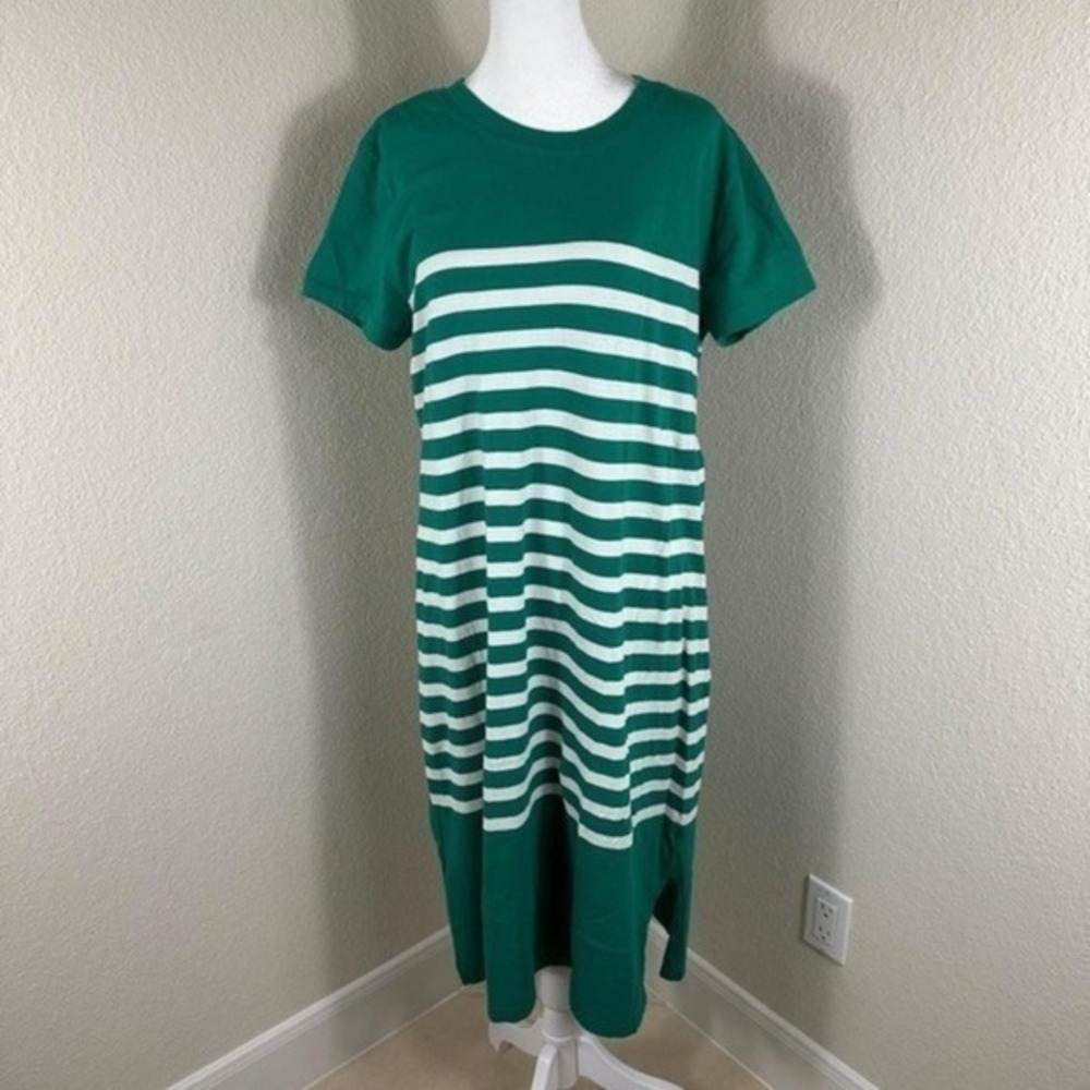 J. Crew T-Shirt Dress Women XL Green White Striped Midi Nautical Preppy Coastal